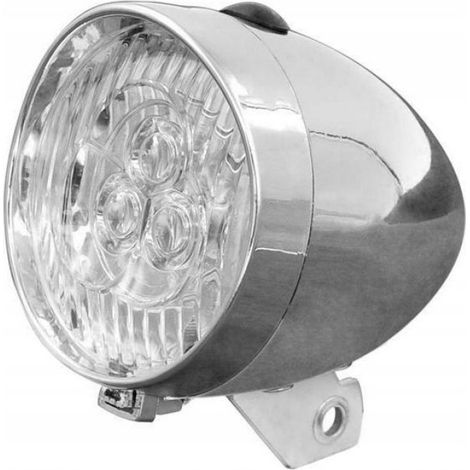 Lampe Velo Retro - 3 LED - Pour Fourche - Alimentation Piles AAA - Diametre 72 mm - Longueur 88 mm - Chrome - 1 Piece