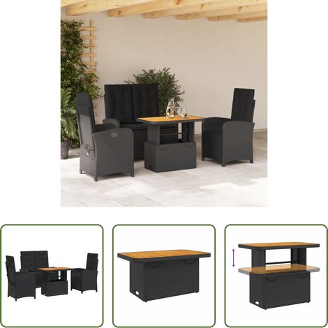 Gartenbank - 4-tlg. Garten-Essgruppe mit Kissen Schwarz Poly Rattan (1/5)