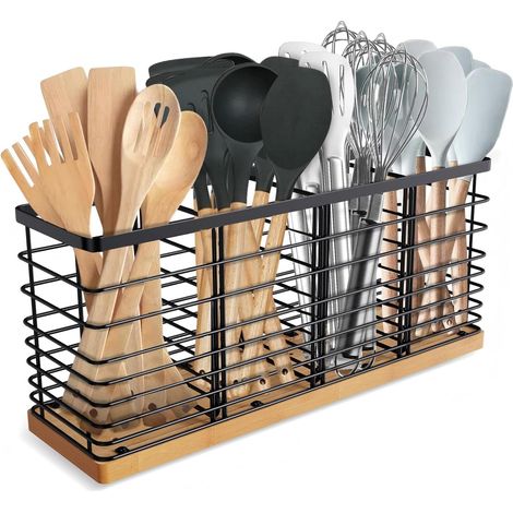 Porte-ustensiles de cuisine extra large avec 4 compartiment,métal,Noir Wandmontiert Oder Tischaufbewahrung,Adapté à La Surface De Travail De Cuisine,Style Campagnard Et Modeste. (1/5)