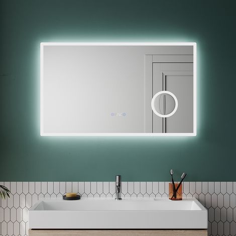 SONNI Espejo de Baño Iluminado por LED con Lupa 3X 100 x 60 cm con Función Antivaho y Interruptor Táctil Regulable Tres Colores IP44 Ahorro de Energía (1/5)