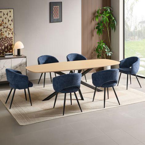 Ensemble table 200 cm effet chêne + 6 chaises tissu bouclette bleu