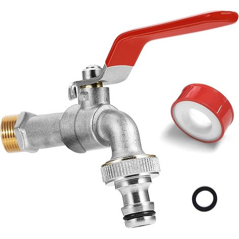 Robinet de jardin, Robinet premium 1/2 pouce en laiton résistant à la rouille et au gel, avec raccord de tuyau, 1 x joint roulant, pour jardin, lave-linge, maison ou industrie (Rouge) (1/5)