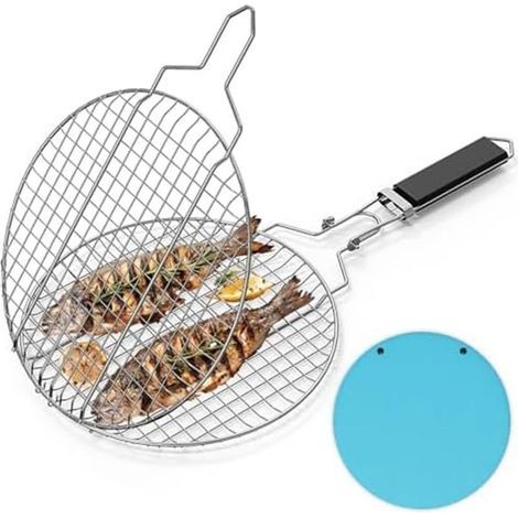 Runder, zusammenklappbarer Grillrost aus Edelstahl mit abnehmbarem Griff zum Grillen von Gemüse, Fisch, Garnelen und zum Kochen im Freien (1/3)