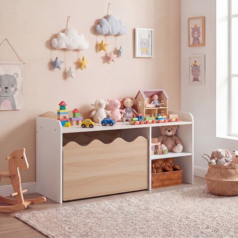 Table pour enfants en bois, table d'activités avec grand plateau et étagère, banc pour enfants sur roues - finition naturelle (1/5)