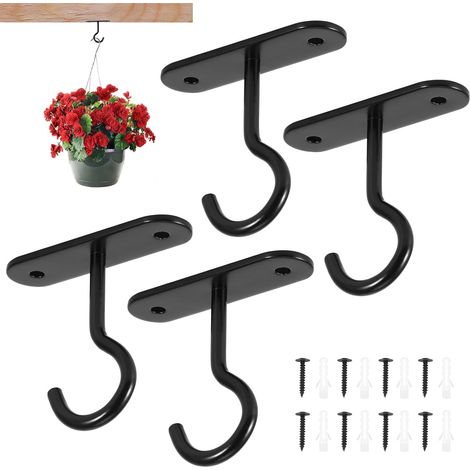 Paquet de 4 crochets de plafond pour suspendre des plantes, crochets de plafond en métal avec vis, crochets muraux (1/5)