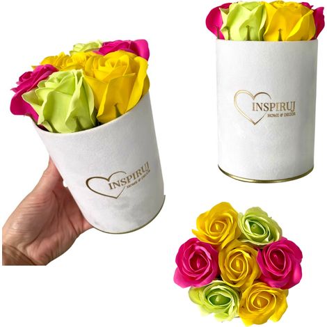 Flowerbox Inspiruj - Scatola bianca con rose di sapone - n. 17 Mix fucsia verde giallo (1/5)