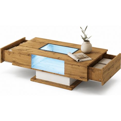 CHICFURN Mesa de centro 110,2x60x39,7 cm con LED, 2 cajones, blanco/madera/negro (1/5)