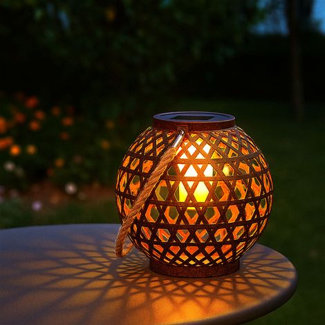 Solarleuchte Kugel Rostoptik Solar Kugelleuchte Feuereffekt Außenlampe Solarlampe Hanfseil, aufhängen/hinstellen, LED warmweiß, DxH 20x36