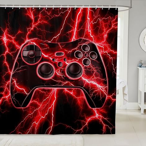 Rideau Douche 180x200cm Gaming, Rideaux de Douche Gamer, Rideau de Baignoire Console de Jeu Rétro, Rideaux Salle de Bain Rouge Lightning - 180L X 200H cm (1 Panneaux) (1/5)