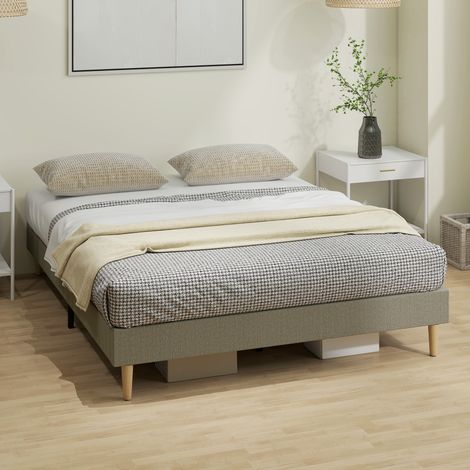 Cadre de lit 160x200cm avec sommier à lattes en bois, lit double capitonné en velours côtelé gris, structure rembourrée pour chambre moderne (1/5)