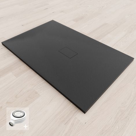 Saniverre – Receveur de douche à encastrer 100 x 140 cm noir extra-plat – Surface antidérapante aspect pierre – Bonde d'évacuation incluse – Installation facile