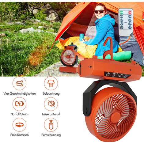Wolketon Camping Ventilator Multifunktionales 2in1 Camping-Lüfterlicht, Tragbarer USB-Campingventilator für Zelt mit LED-Lampe Laterne Fernbedienung Ventilator-Orange