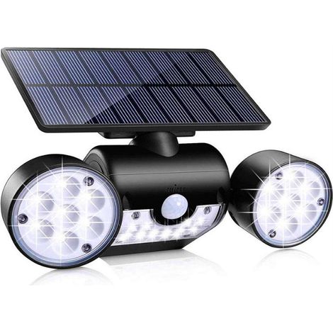 Lampes solaires LED de sécurité, appliques murales extérieures avec détecteur de mouvement et double projecteur pour terrasse, jardin et pelouse. (1/4)
