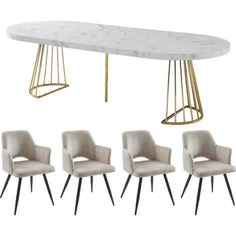 Set tavolo FIRELA + 4 sedie KADIJA Effetto marmo Bianco e Beige (1/5)