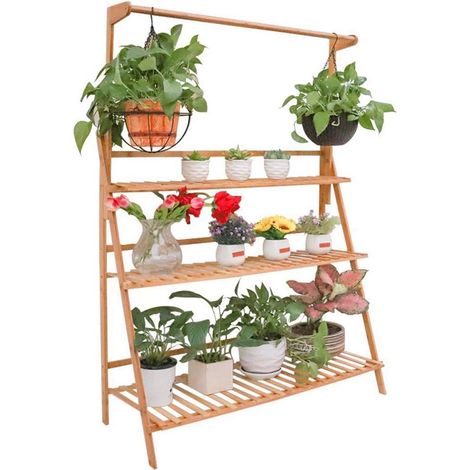 Pflanzenregal Blumentreppe Bambus Blumenständer Klappbar mit Höhenverstellbar Hängestange für Innen-Balkon Wohzimmer Outdoor Garten Dekor, 100 x 40 x 96cm (1/5)