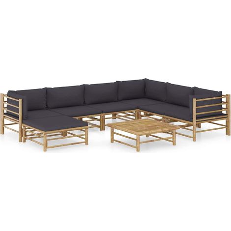 Salon de jardin 8 pcs Ensemble Table et Chaise de Jardin - avec coussins gris foncé Bambou BV210884 - BonneVie (1/5)