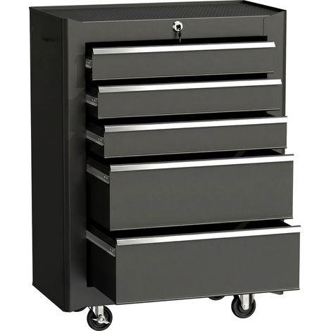 Chariot à outils sur roulettes, Servante d'atelier en acier 5 tiroirs verrouillable avec 2 clés, 61,5 x 33 x 82,5 cm, noir (1/5)