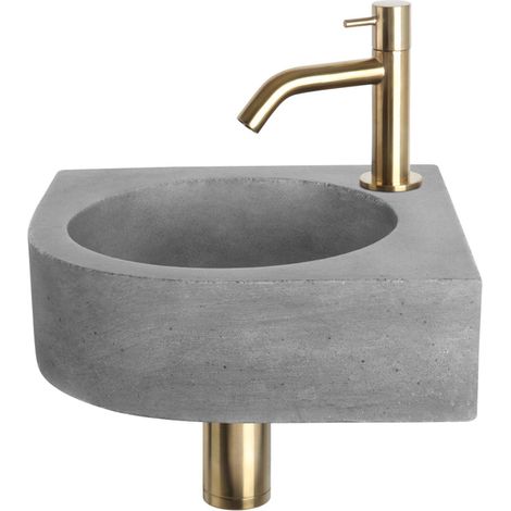 Differnz Cleo kit lave-mains - 31,5x31,5x10cm - quart de rond - 1 trou de robinet - robinet courbé doré mat - Gris Béton (1/5)