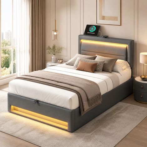Bett 90x190 cm gepolstert in Grau aus PU mit LED, USB kabelgebunden/kabellos und Stauraum (1/5)