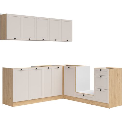 Cuisine d'angle complète 200x200 cm, Meubles de cuisine modulables coloris chêne Bernstein/Uni cachemire, plan de travail non inclus (1/3)