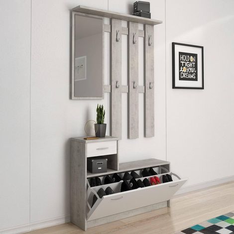 Meuble d'entrée avec miroir et étagère à chaussures, Meuble multifonction 100x25x180 cm, Blanc et Ciment (1/5)