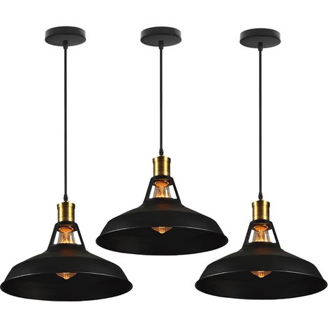 3X Lampada a Sospensione, Vintage Lampada da Soffitto con Paralume in Metallo, Industriale Stile Illuminazione Supporto Edison E27 per Corridoio Cucina Isaland Camera da Letto Scala (Nero) (1/5)
