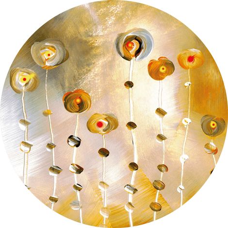 Papier peint panoramique design à motif floral zen | Tapisserie panoramique salon rond oeil d'or | Papier peint panoramique abstrait beige et jaune - 140 x 140 cm (3 pièces) (1/2)