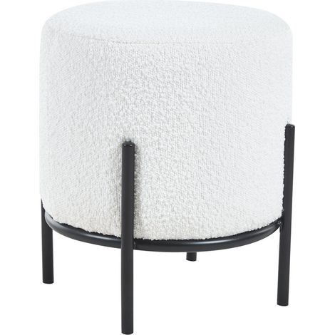 Pouf Rond Rembourré en Tissu Bouclé Blanc et Pieds Métal Noir Ø 35 cm Tabouret Repose-Pieds - PANGIVO (1/3)