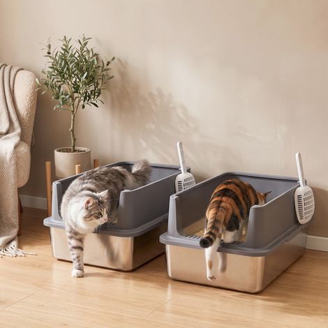 Lot de 2 bacs à litière XL en acier inoxydable avec rebord haut et 2 pelles, pour grands chats et chatons multiples, gris foncé (1/5)