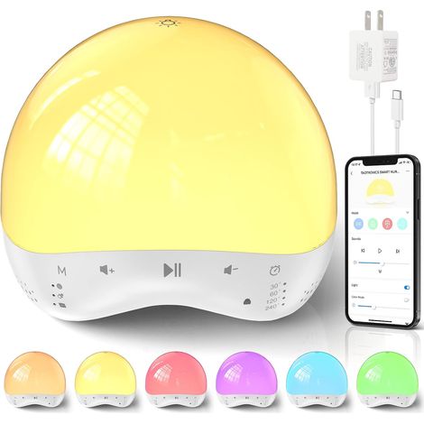 Night light with alarm clock for children, controlled via Tuya app/touch button, 7 colors, 25 soothing sounds, night light, for deep sleepers, sleep aid, timer, baby sound machine for the bedroom. (1/5)