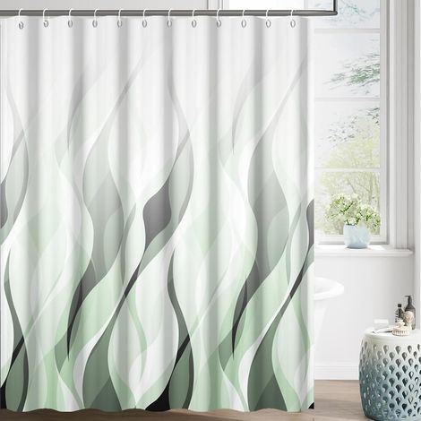Rideau de Douche Vert 180 x 240 cm, Motif Abstrait ombré Noir, Blanc et Vert à Vagues, Rideau de Douche en Tissu imperméable avec Crochets pour Salle de Bain (1/4)