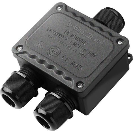 Boîte de jonction étanche IP68 à 3 voies pour usage extérieur, avec presse-étoupes M25 pour câbles de diamètre Ø4 à Ø14 mm, petit boîtier électrique noir pour éclairage extérieur, jardin, piscine