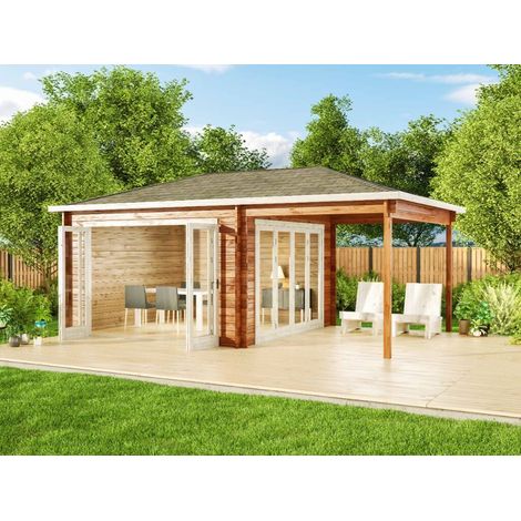 Alpholz Gartenhaus Sunshine ISO mit Schleppdach Gartenhaus aus Holz, Holzhaus mit 40 mm Wandstärke inklusive Terrasse, Blockbohlenhaus mit Montagematerial (1/4)