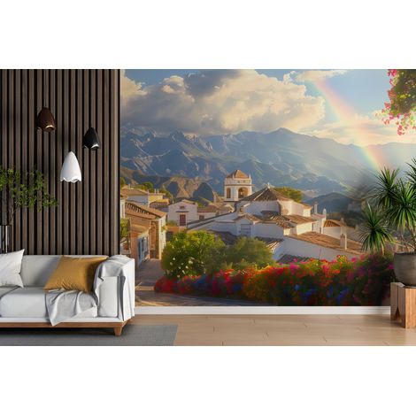 Papier peint campagne - arc-en-ciel sur le village - 150 x 250 cm (1/2)