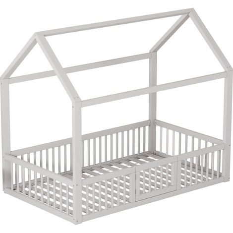 Lit cabane enfant 90 x 200 cm en pin et MDF blanc avec barrière de sécurité (1/5)