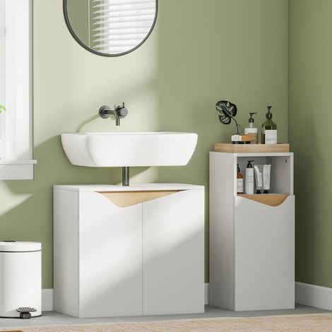 Meuble sous vasque salle de bain, armoire avec portes à fermeture amortie, blanc, 60 x 35 x 57,9 cm (1/5)