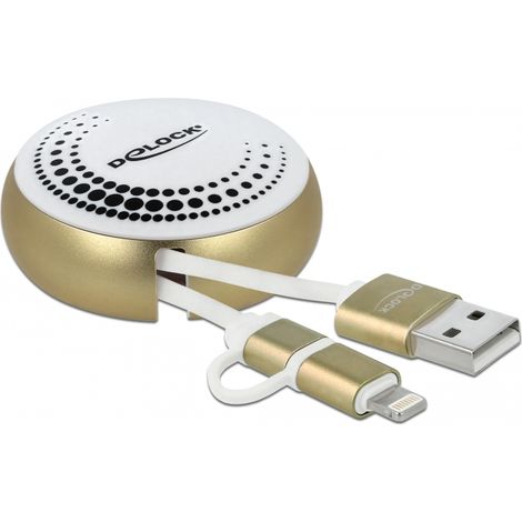 Delock Cable retráctil USB 2.0 2 en 1 Tipo-A a Micro-B y Lightning⢠blanco / oro