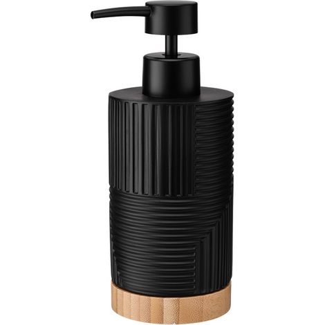 Dispensador de jabón Camino con bomba, poliresina negra mate + bambú, estilo bohemio escandinavo. (1/3)