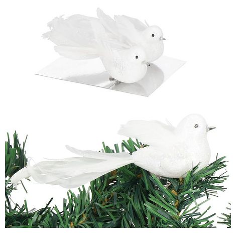 Adornos navideños 2 unidades, pájaros con clip, blancos y brillantes. (1/5)