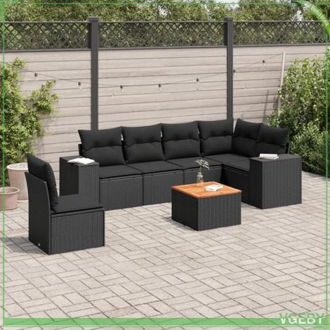 Salon de jardin - Ensemble 7 pcs - Résine tressée noir - Table acacia - Rangement intégré, coussins déhoussables (1/3)
