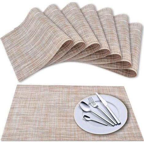 Placemats (Set of 8), Woven Vinyl Table Mats with Cross Weave, Washable, Insulating, Non-Slip Table Mat Set - Linen