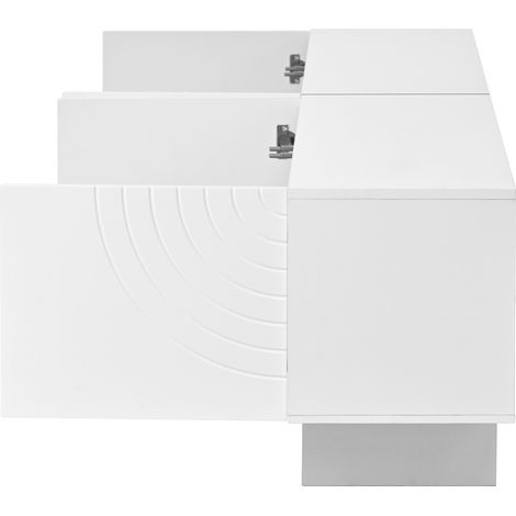 Meuble TV 170 cm, blanc au relief géométrique et séparation centrale, banc télévision blanc en MDF et panneaux de particules, 4 portes et cases centrales, meuble TV moderne pour salon et séjour (1/5)