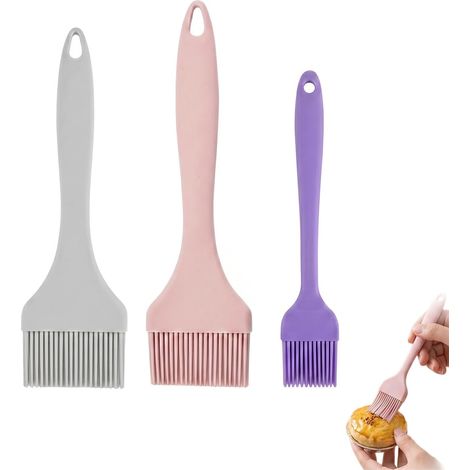 Lot de 3 Pinceaux de Cuisine en Silicone, Pinceau Patisserie Largeurs 9cm, 7cm et 3.5cm, Pinceau Alimentaire Résistant à la Chaleur pour Barbecue, Marinade, Gâteaux et Cuisson, Noir, Rose et Violet (1/5)
