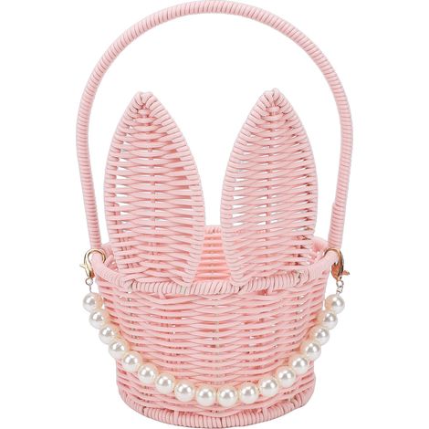 Cesta de Pascua de Mimbre PP Rosa con Asa y Orejas, 27x14x10 cm – Ideal para Búsqueda de Huevos y Decoración Primaveral (1/5)