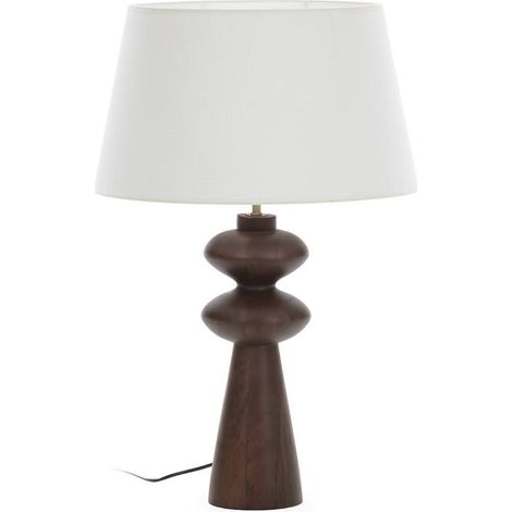 Lampe à poser en bois foncé sculpté - marron foncé et blanc (1/5)