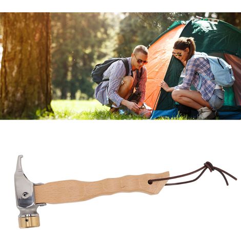 Marteau de camping portable COOLCAMP en acier inoxydable avec manche en bois, idéal pour les panneaux perforés de tente. (1/5)