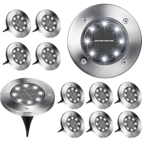 Lot de 12 lampes solaires LED à encastrer (8 LED au total), étanches, lumière blanche froide (1/5)