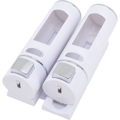 Dispenser per shampoo e balsamo, senza foratura, a parete, 2 scomparti, sapone per bagno, hotel, ospedale, bianco. (1/5)