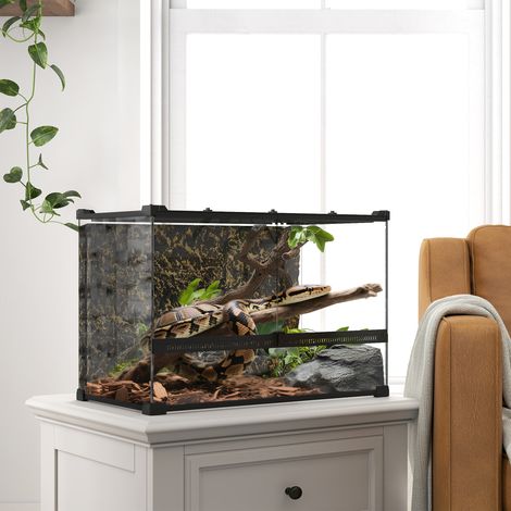 Terrario para reptiles, terrario de cristal de 48 L con ventilación frontal, fondo de piedra, cierre giratorio, 50 x 30 x 35 cm, negro (1/5)