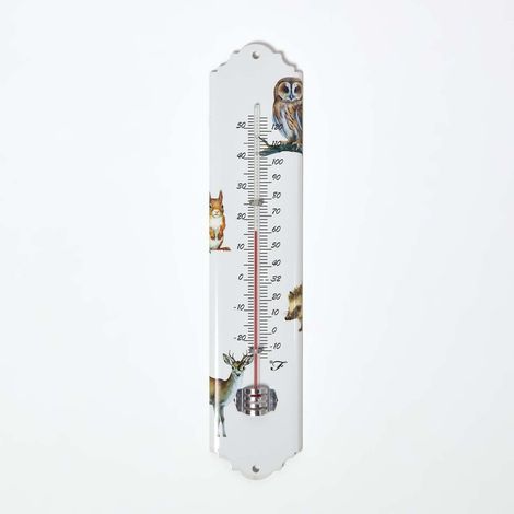 HOMESCAPES Thermometer analog für innen & außen – weißes Wandthermometer mit Waldtier-Motiv, als Zimmerthermometer oder Gartenthermometer mit Skala für Celsius & Fahrenheit (1/5)